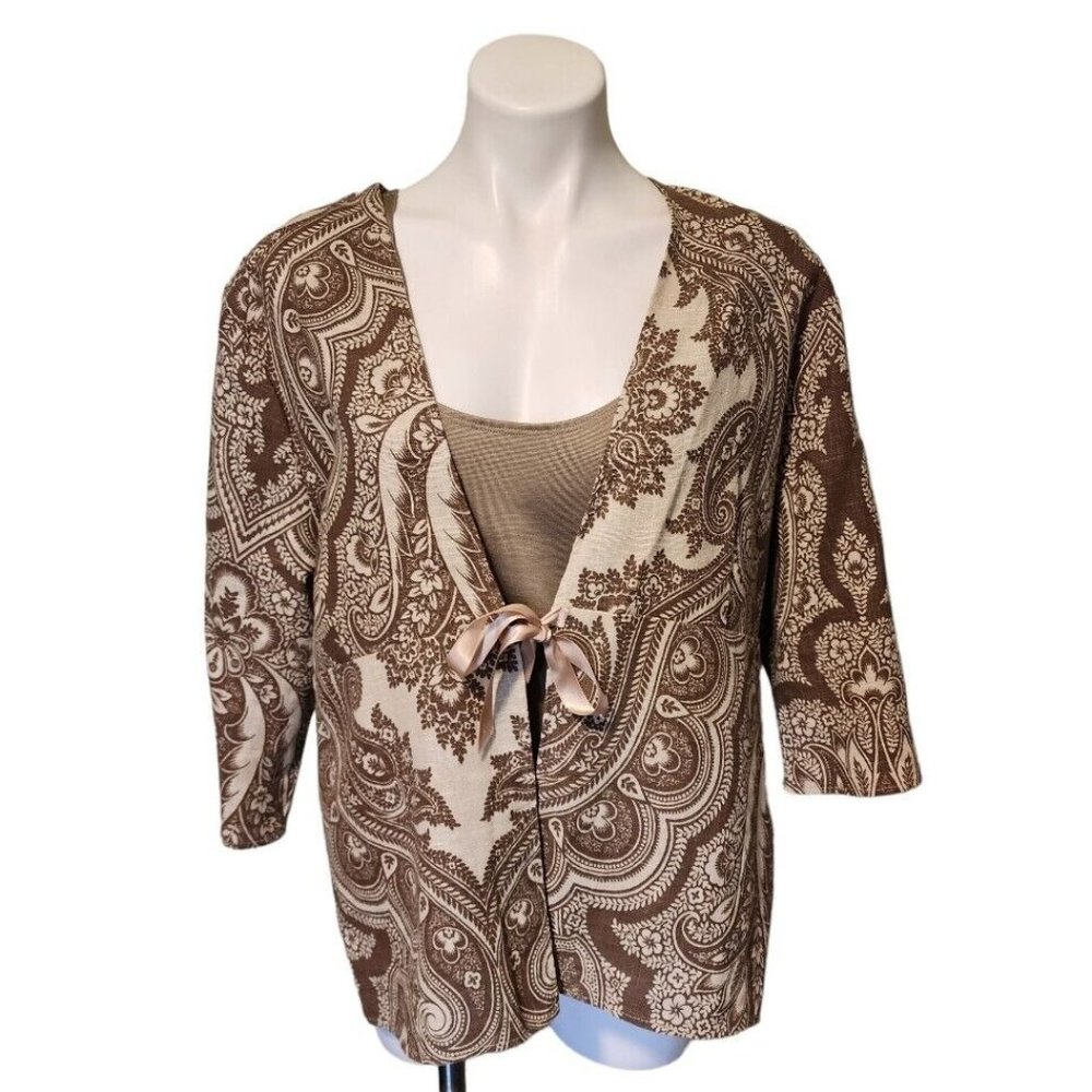 Cloz's‎ NY Vintage Cotton Tan Paisley Floral Tie Front Women's Large Cardigan
